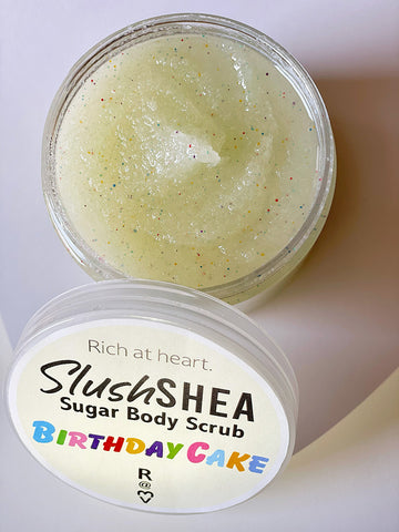 Birthday Cake SlushSHEA sugar skin body scrub with rainbow sprinkles. Shea sugar scrub. Vegan and cruelty-free.