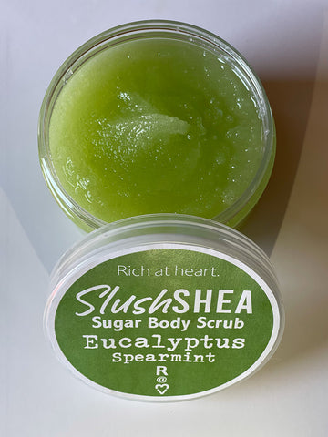 Eucalyptus Spearmint SlushSHEA sugar skin body scrub, shea sugar scrub. Vegan and cruelty-free.