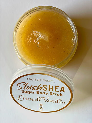 French Vanilla SlushSHEA sugar skin body scrub, shea sugar scrub. Vegan and cruelty-free.