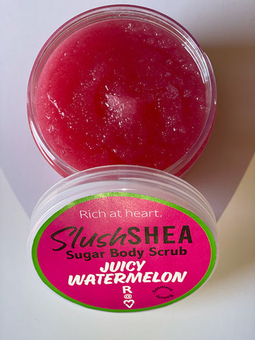 Juicy Watermelon SlushSHEA sugar skin body scrub, shea sugar scrub. Vegan and cruelty-free.