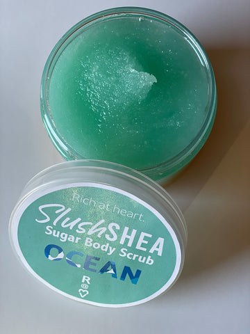 Ocean SlushSHEA sugar skin body scrub, shea sugar scrub. Vegan and cruelty-free.